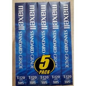 VHS T-120 Maxell Standard Grade Video Cassette Tapes 6 Hrs -5 pack- NEW in Cello